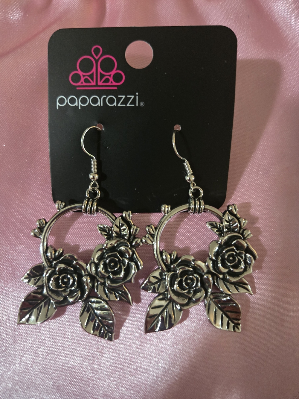 paparazzi Silver Rose Hoop Earrings with Leaf Charms